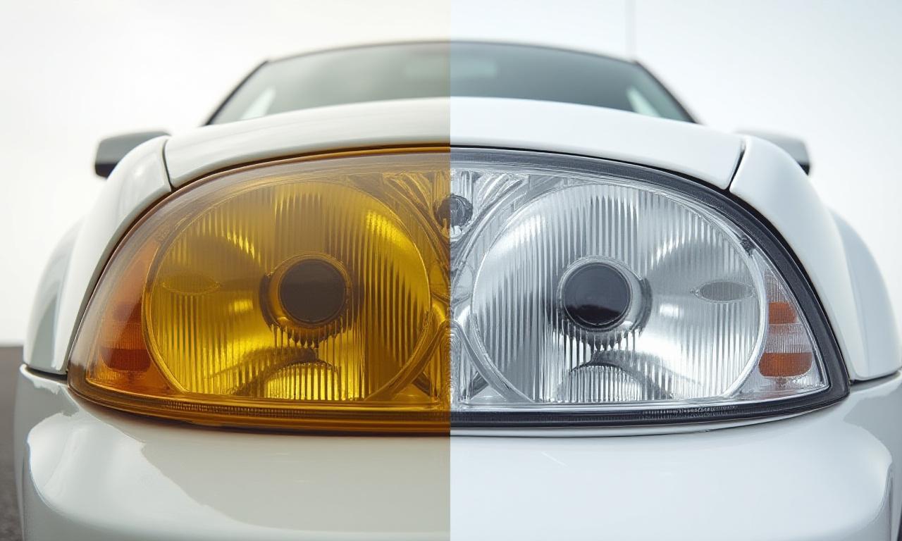 Split view of a hazy oxidized headlight vs a restored clear headlight
